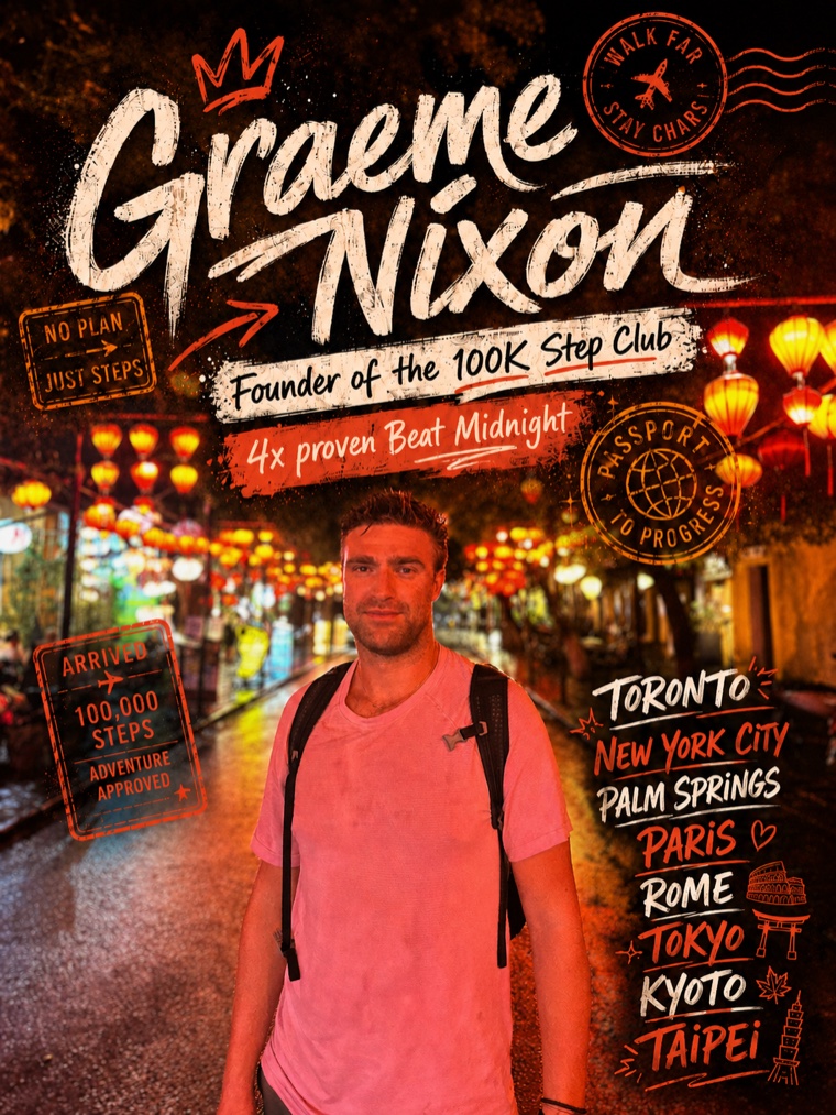 Graeme Nixon, founder of the 100K Step Club — poster with verified cities